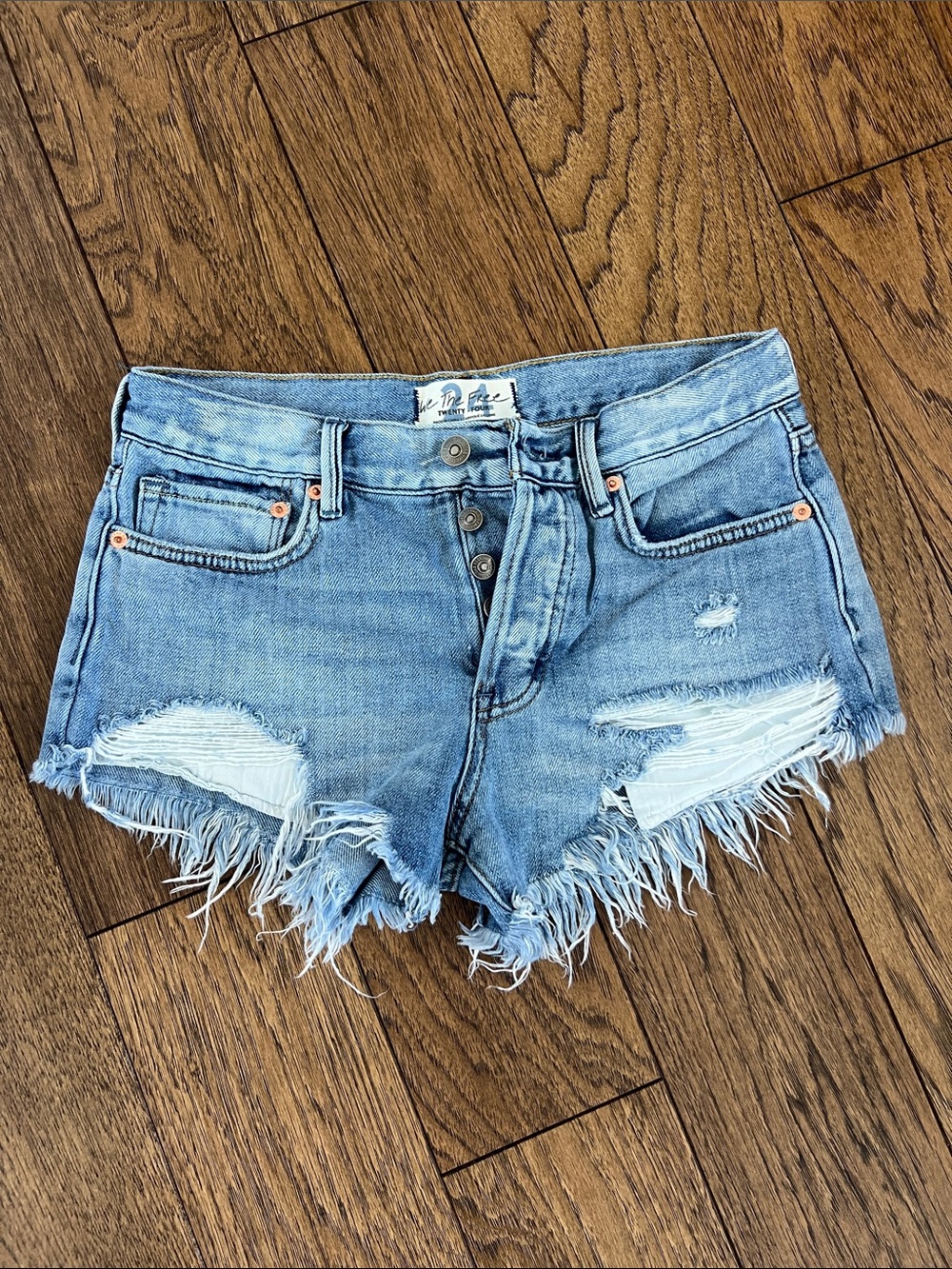 Free People Light Blue Distressed Denim Micro Cutoff Shorts